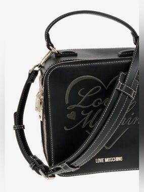 Love Moschino Black Faux Leather Top-Handle Embroidered Logo Shoulder Bag